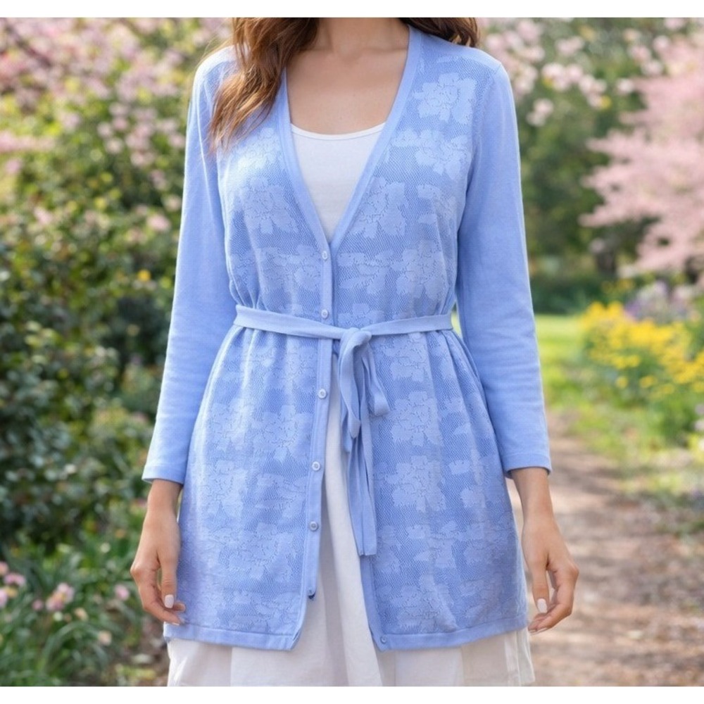 Laura Scott Cardigan Women 2X Blue Floral Pointelle Cotton Belted Button Front‎